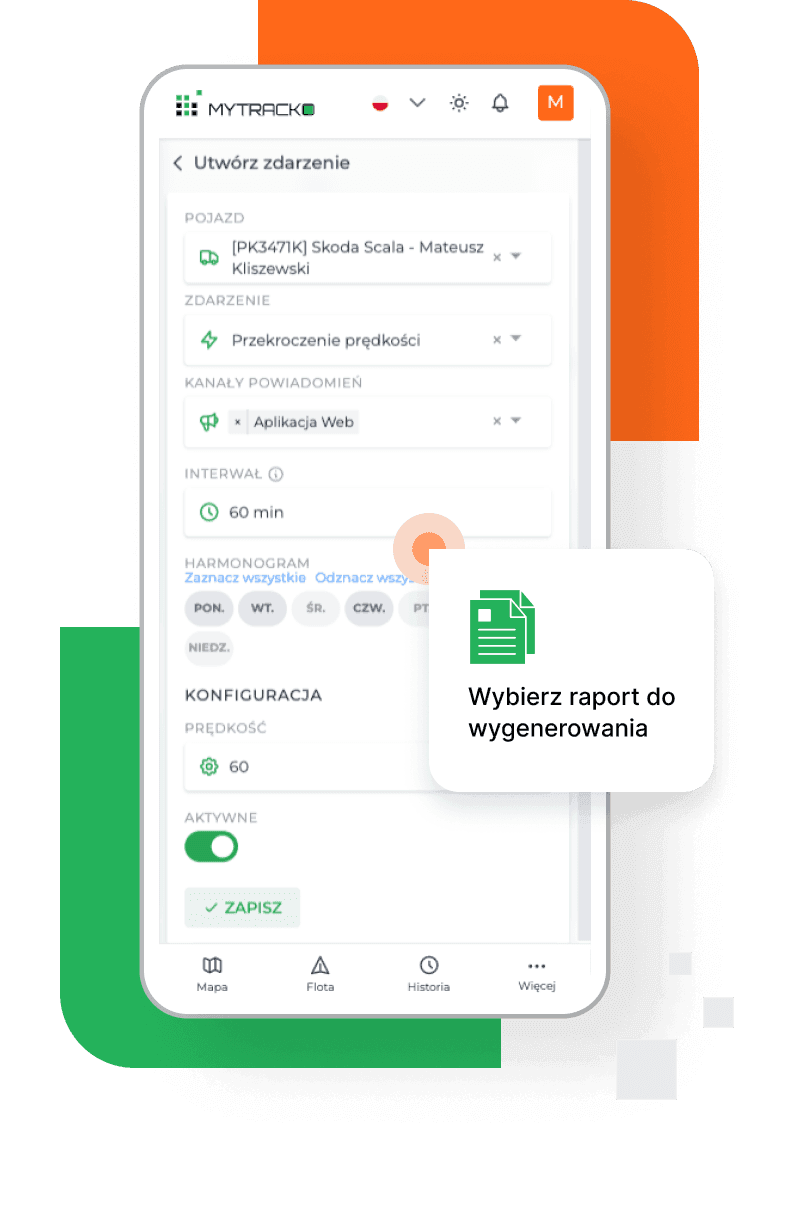 Zrzut ekranu z aplikacji - generowanie raportów, zdarzeń - mytracko.pl
